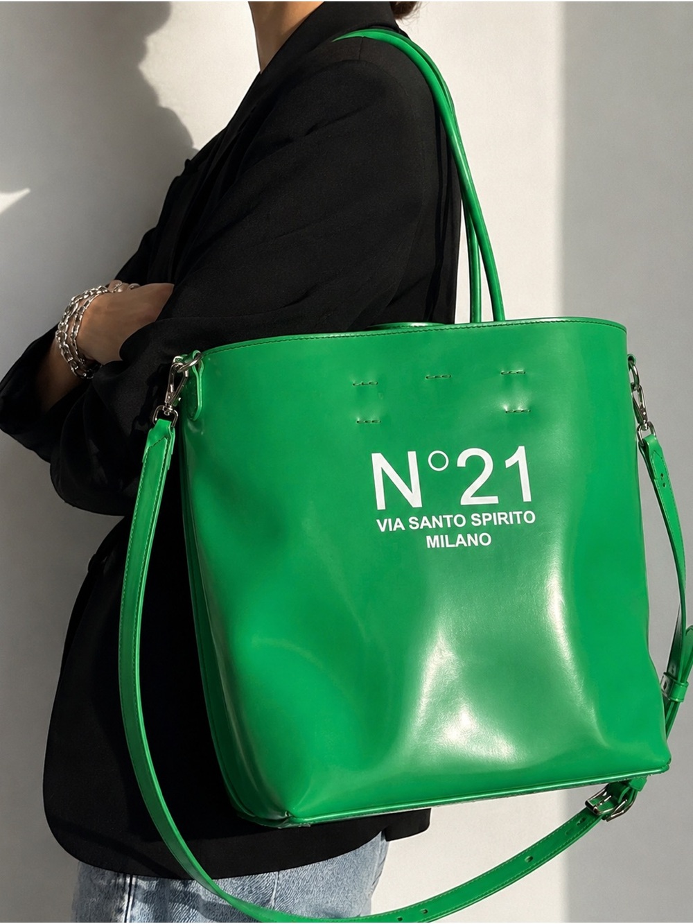 N°21 Via Santo Spirito Milano Green Patent Tote Bag